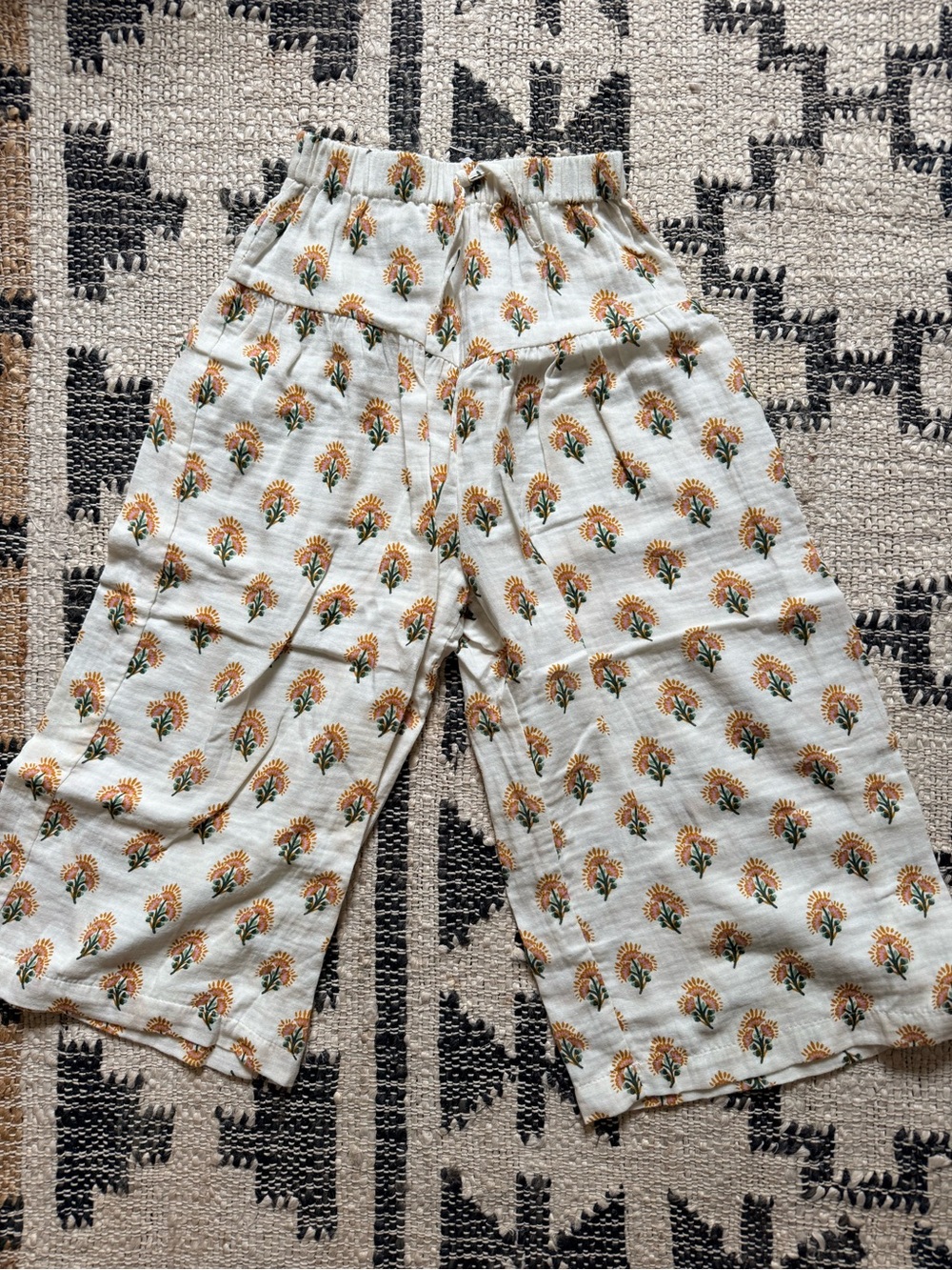 Zara Cream Wide-Leg Pants with Orange Floral Motif